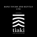 Black background with white text: “BANZ TOURS AND RENTLS LTD SUPPORTS tiaki CARE FOR NEW ZEALAND.” Centered is the Tiaki logo with stylized lines above the word tiaki.